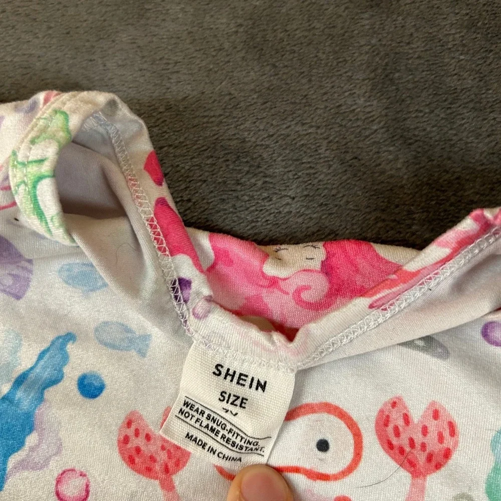 Shein Under The Sea Pajama Set Kids 7 Years Multicolor Mermaid Crab Stretch